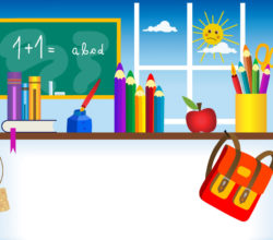 Рисунок с изображением портфеля, карандашей и школьной доски