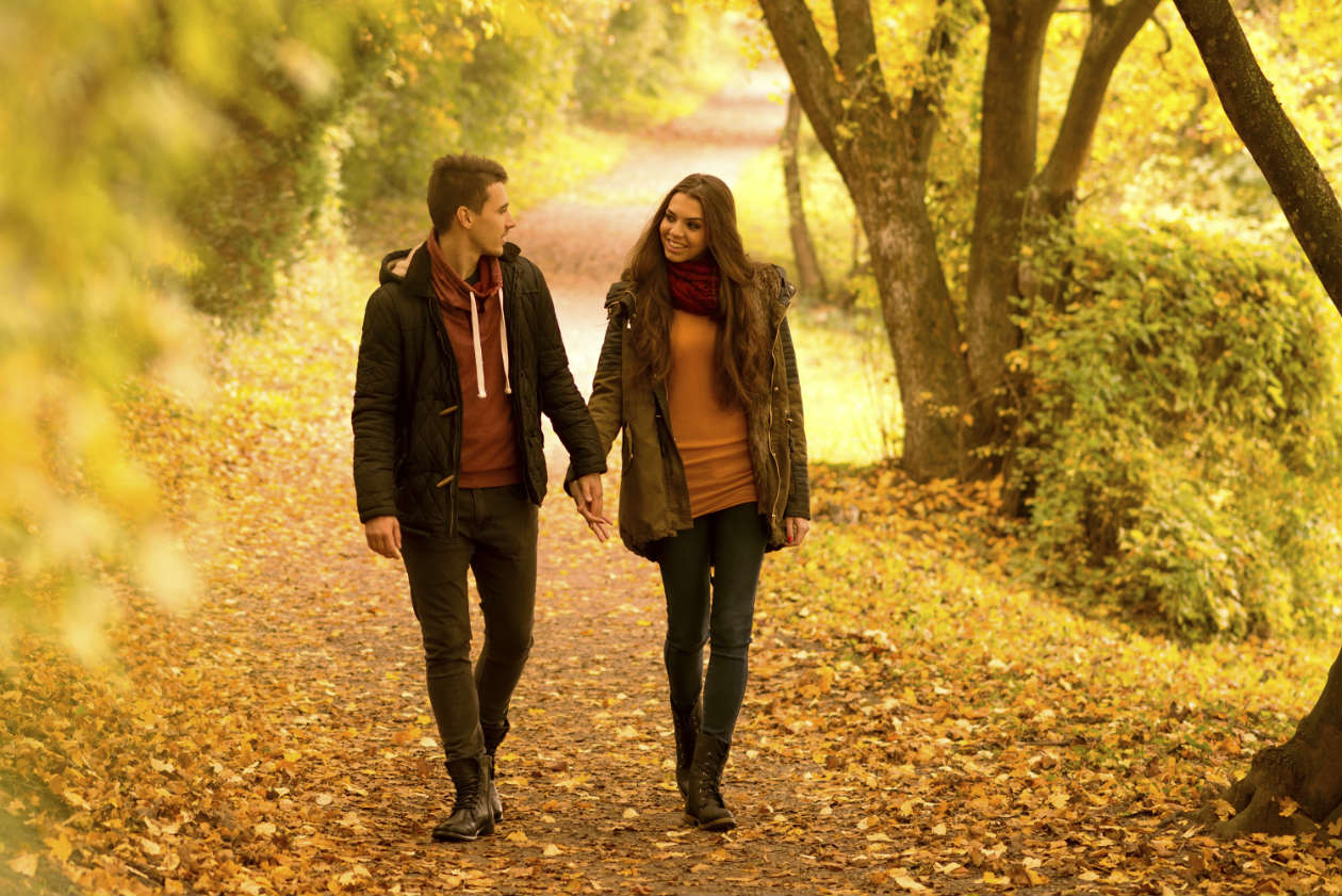 По дороге я встретил двух мужчин. Пара гуляет в парке осен. Осенняя прогулка. Мужчина и женщина в парке. Парень с девушкой идут.
